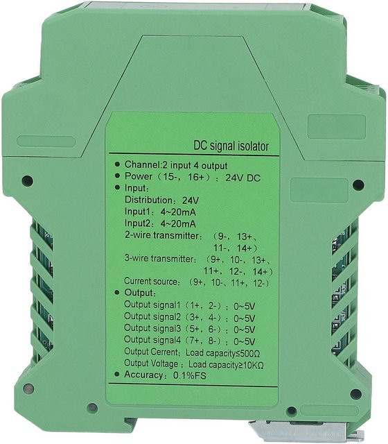 Koogeelife Signalisolator 24V DC mit 2 Eingängen und 4 Ausgängen, Gleichstromsignalaufbereiter und Messumformer für SPS-Erkennung, grün - Bild 1