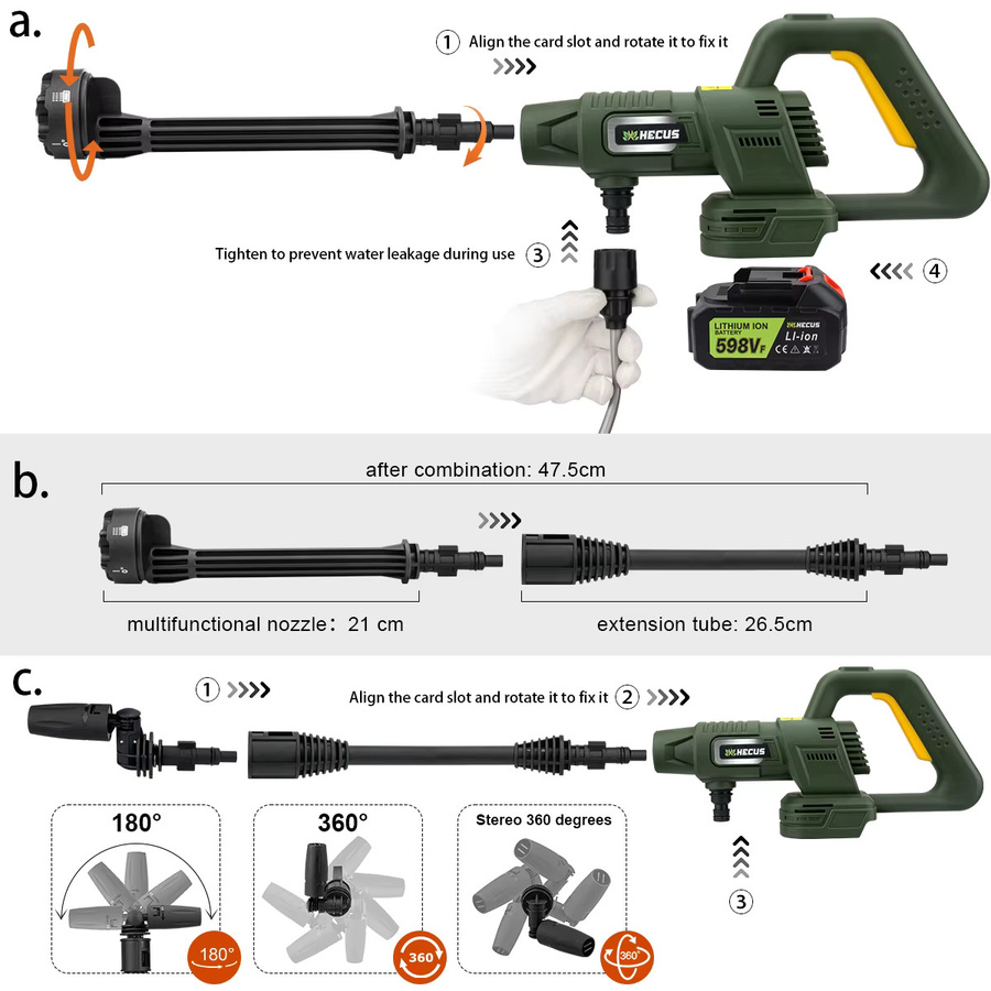 Gisam 6-in-1 Bürstenlose Elektrische Hochdruck-Autowaschpistole mit 200 Bar und 3 Gängen, Kabellose Waschsprühpistole für Makita 18V Akku, Farbe: Grün - Bild 6