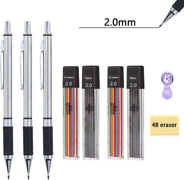 Haile Druckbleistift-Set aus Metall in Silber mit 2 mm Graphit-Minen (2B) und Minen-Nachfülletui zum Schreiben, Skizzieren und Zeichnen - Bild 1