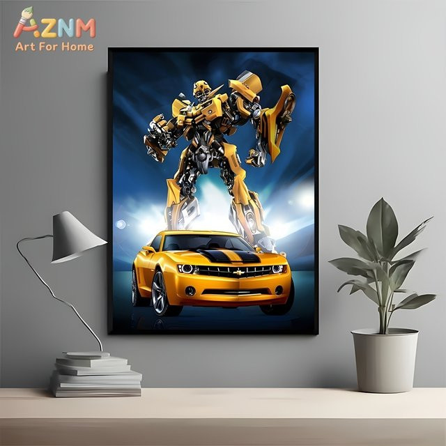 AZNM Transformers Bumblebee Camaro Rahmenlose Leinwand-Wandkunst, Gelber Roboter-Druck für Kinderzimmer und Spielzimmer - Bild 1