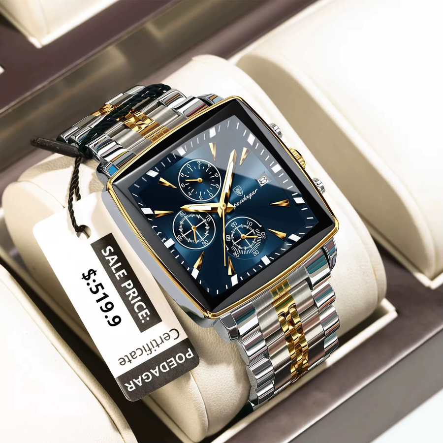POEDAGAR Armbanduhr Chronograph, Quarz, Edelstahl, Blau, Herren - Bild 2