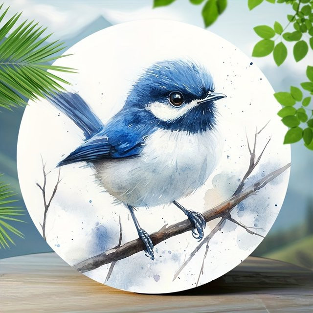 Potdemiel Blue Wren Bird Aluminium-Wandschild, rundes Metalldekor in Blau, Durchmesser: 20,32 cm - Bild 1