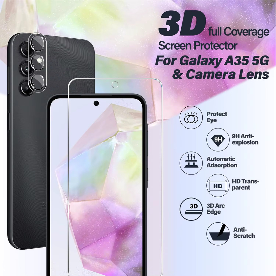 4er-Pack Displayschutzfolie aus gehärtetem Glas und Kameraobjektivschutz für Samsung Galaxy A35, transparent - Bild 2