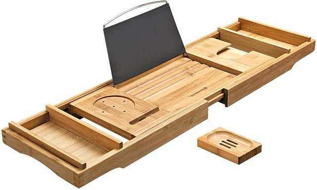 Songmics Badewannenablage mit Getränkehalter verstellbar in Braun, Breite: 109 cm, Tiefe: 45 cm - Bild 1