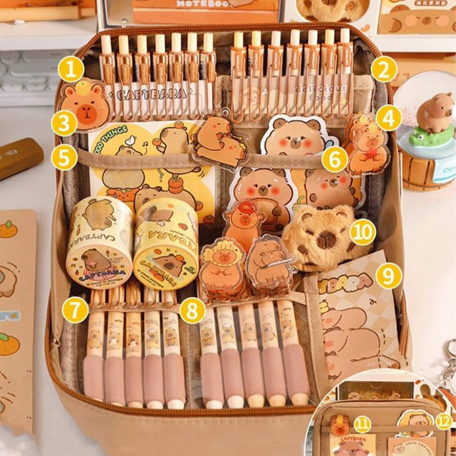 Capybara Briefpapier-Set mit Federmäppchen in Braun aus Textil für die Schule - Bild 1