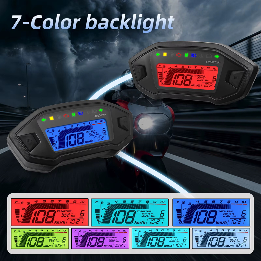 MAIMEIMI Universal Motorrad Digital Tacho mit 7 Farben LED Armaturenbrett und Blinkerleuchten in Schwarz und Multicolour - Bild 3