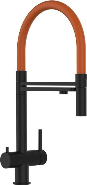 VIZIO 3-Wege Küchenarmatur aus Edelstahl mit 360 Grad schwenkbarem Auslauf und abnehmbarer 2-Strahl Handbrause in Schwarz Matt und Orange - Bild 1