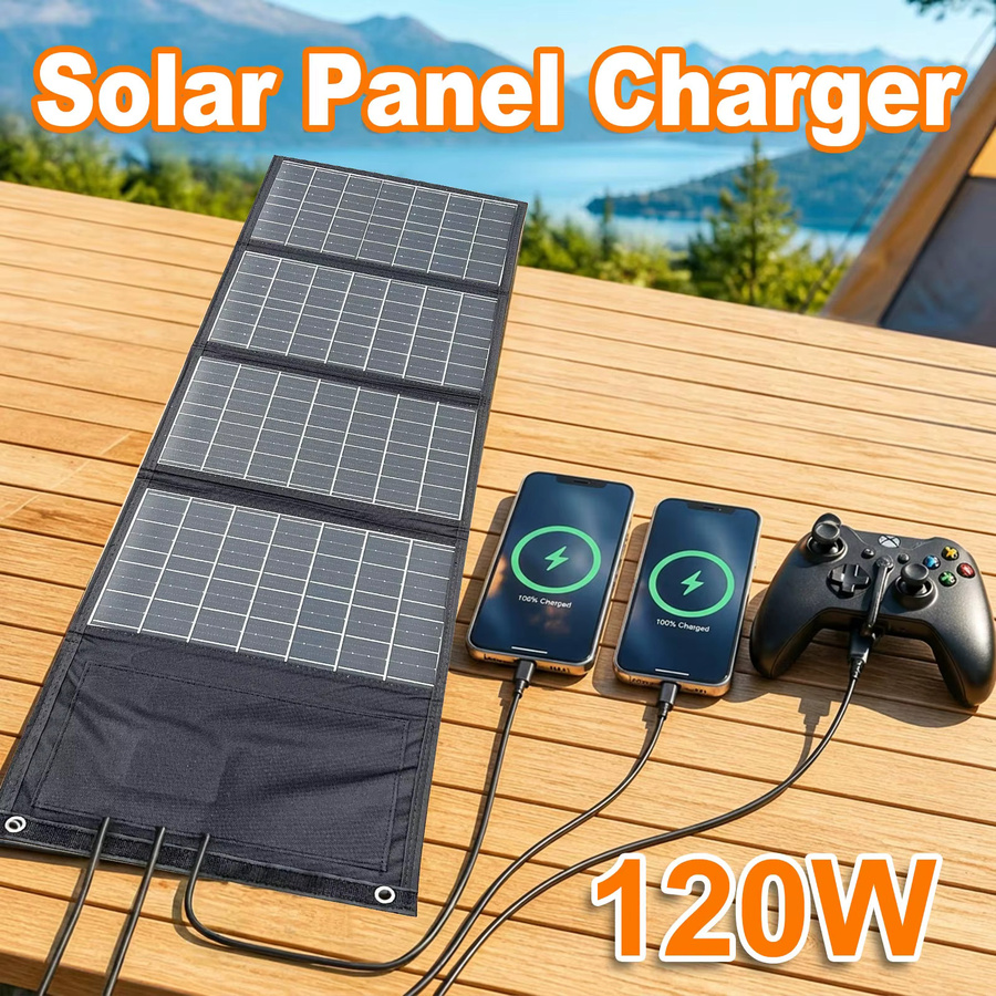 Leaorld 120W Solarpanel-Ladegerät in Schwarz mit USB QC3.0 und PD3.0 Schnellladefunktion für Camping und Outdoor-Reisen - Bild 2