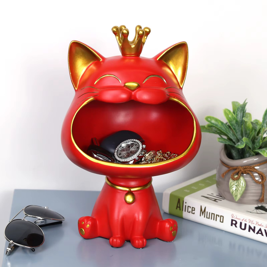Jaysuing Lachende Katze Statue aus Harz in Weiß als kreative Desktop-Schlüsselbox und Dekoration - Bild 4