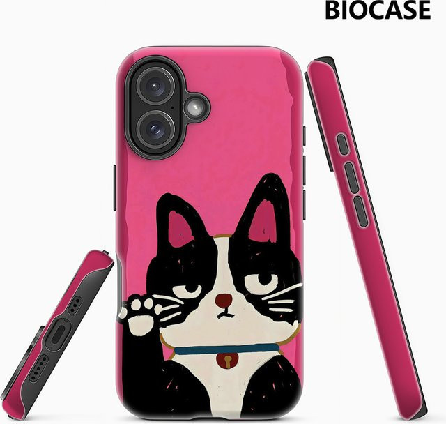 Handyhülle Glückliche Smoking-Katze für Apple iPhone 12 bis iPhone 18 Pro Max Plus in Pink mit doppelschichtiger Rückabdeckung - Bild 1