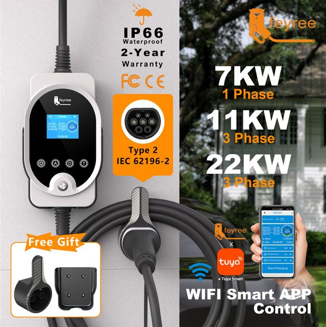 Feyree Typ2 EV-Ladegerät Wallbox mit Wi-Fi-Steuerung per App, 22KW/11KW/7KW, weiß - Bild 1