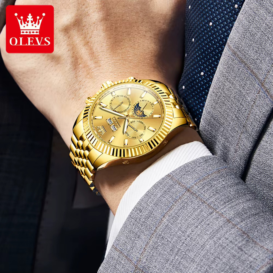 OLEVS Armbanduhr Automatik, Edelstahl, Gold, Bicolor, Mondphasen-Uhr, Herren - Bild 2