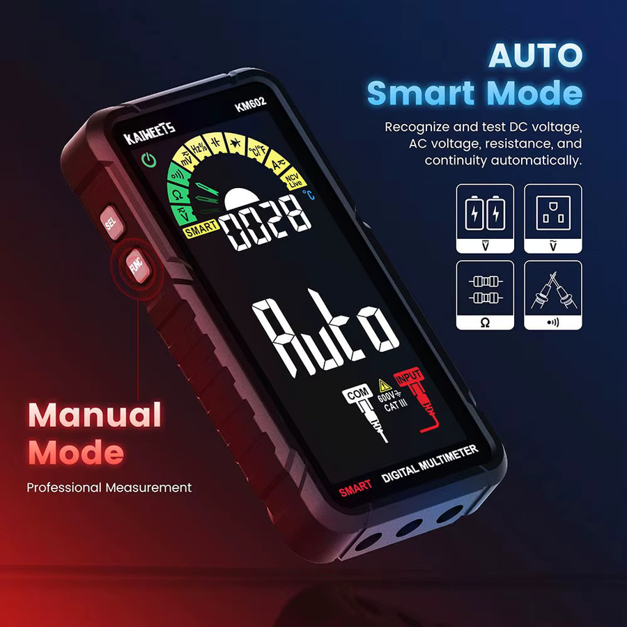 KAIWEETS KM602 Digitalmultimeter True-RMS-Messgerät mit 6000 Counts, Smart/Manual Mode, wiederaufladbarem 1200 mAh Akku und Taschenlampe, Schwarz - Bild 2
