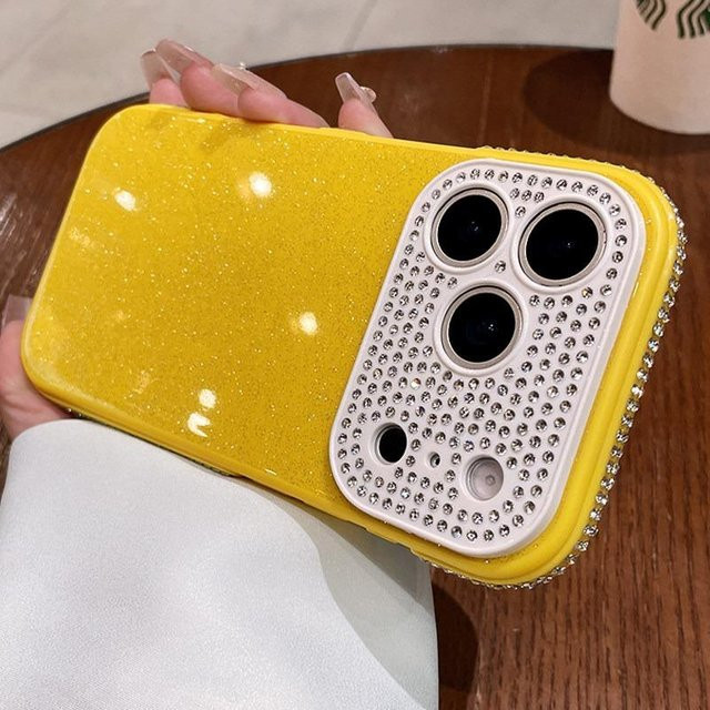 Matte Strass Schutzhülle für Apple iPhone 13 14 15 16 17 Pro Max Plus in Gelb mit Glitzer-Effekt und Stoßstangen-Schutz - Bild 1