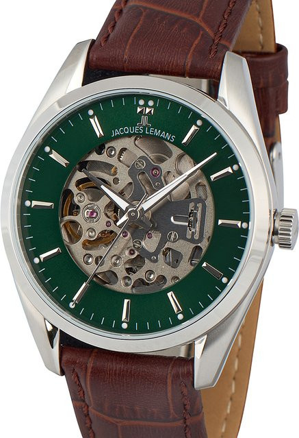 Jacques Lemans Derby Automatik Herrenuhr, Edelstahl, Leder, 40 mm, Grün - Bild 1