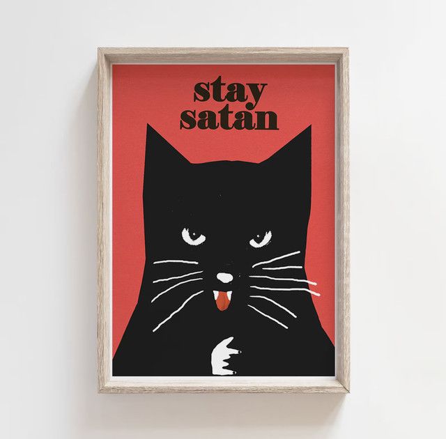 Originales Vintage Poster Bleiben Sie Satan mit schwarzer Katze von SHENCHEN als Wandkunst Illustration - Bild 1