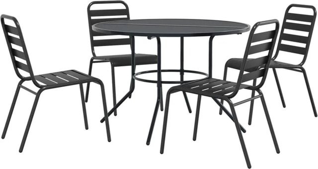 Furnicato Gartenmöbel-Set 5-teilig aus pulverbeschichtetem Stahl in Anthrazit Matt mit Latten-Design und stapelbaren Stühlen, Tisch B: 110 cm, T: 110 cm, H: 76 cm und 4 Stühle B: 42 cm, T: 42 cm, H: 63 cm - Bild 1