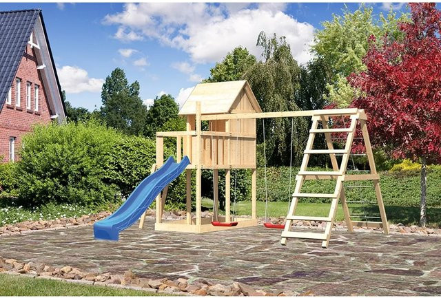 Karibu Spielturm Frieda in Braun mit Anbau, Klettergerüst und Rutsche - Bild 1