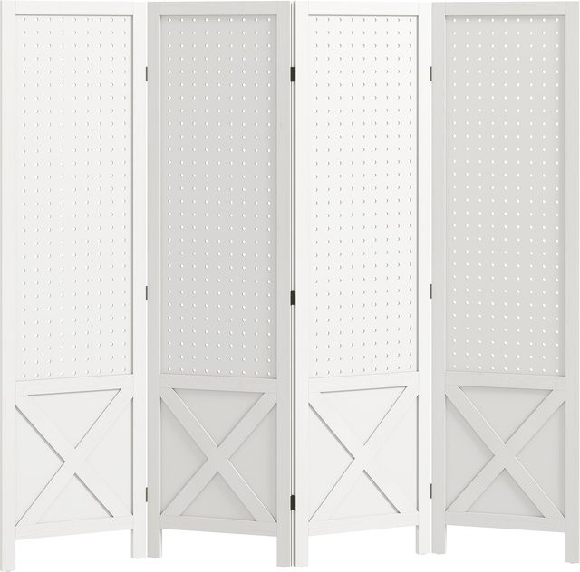 HOMCOM Innen-Paravent aus Holz mit 4 Paneelen und Lochplatten-Design, klappbarer Raumteiler in Weiß, B: 152 cm, H: 144,5 cm - Bild 1