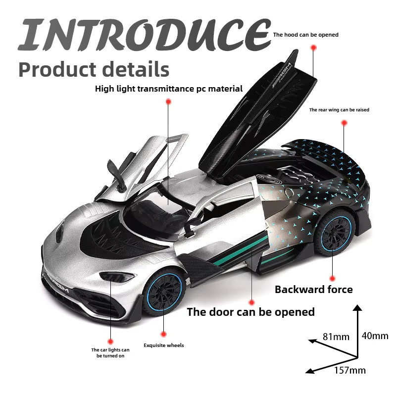 AMG ONE Supercar Automodell, 1:32, Metall, mit Licht und Sound, Grau - Bild 2