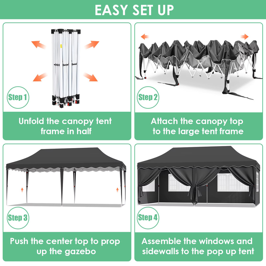 Homfa Pop-up-Zelt Pavillon in Schwarz mit 6 Seitenwänden, wasserdicht und UV 50+, B/T/H: 600 x 300 x 300 cm - Bild 3