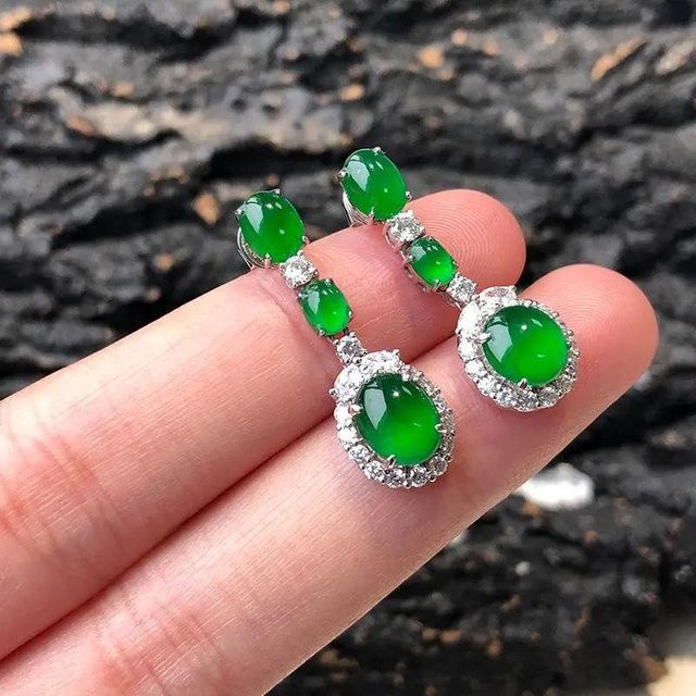 Ohrringe Natur Hetian Jaspis Jadeit, Oval, Diamant, Damen - Bild 1