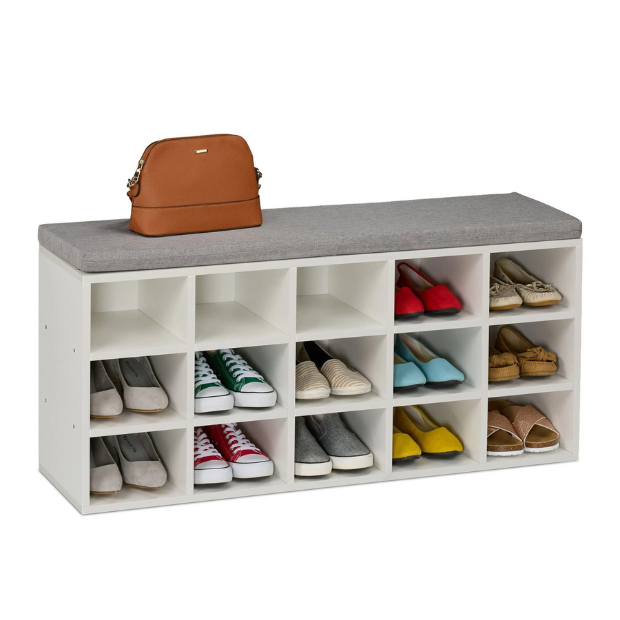 Relaxdays Schuhbank mit 15 Fächern aus Holzwerkstoff, Weiß, gepolstert, B/T/H: 105 x 30 x 48 cm - Bild 2