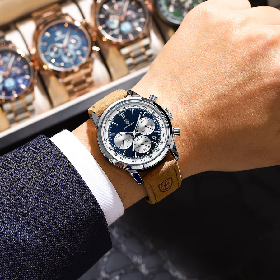 POEDAGAR Chronograph, Quarz, Leder, Herren, Blau, Silber - Bild 6
