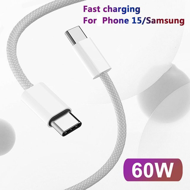 USB-C auf Typ-C Datenkabel mit 60W PD Schnellladefunktion, geflochtenes Ladekabel in Weiß für Android und Samsung - Bild 1