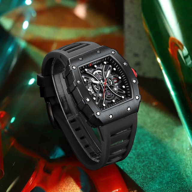 CURREN Armbanduhr, Analoguhr, Eckig, Blau, Schwarz, Silikon, Herren - Bild 1