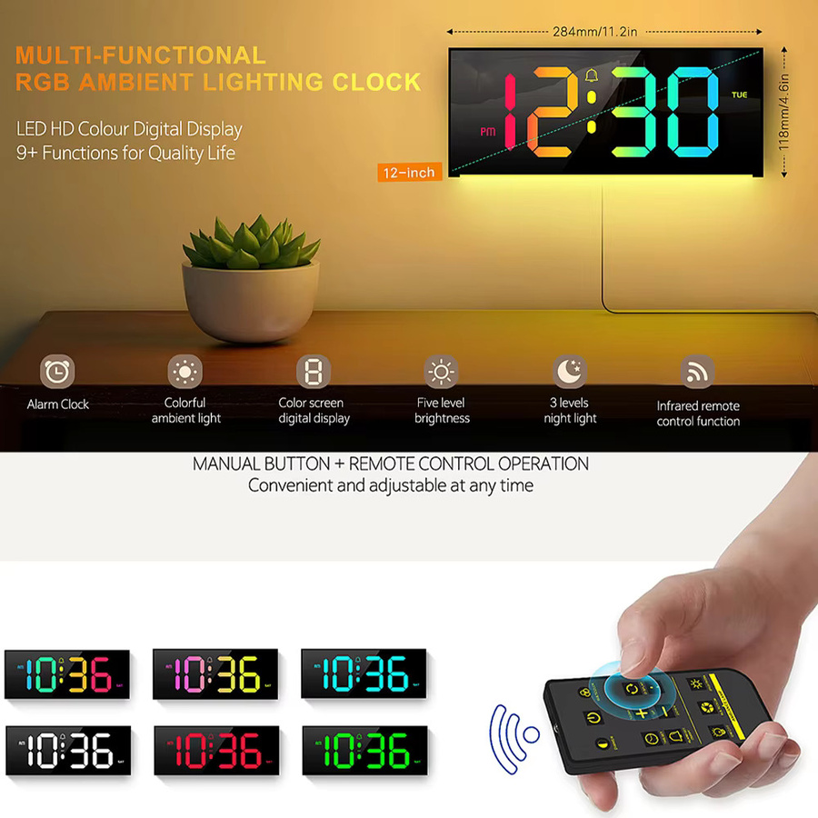 Digitale LED-Wanduhr von LOVOCK in Schwarz mit Fernbedienung und Nachtlicht-Stimmungsbeleuchtung für Wohnzimmer, Büro oder Klassenzimmer - Bild 2