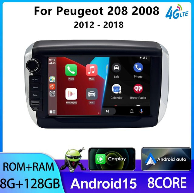 8-Zoll Autoradio für Peugeot 208 2008 2012–2018 mit Touchscreen Multimedia-Player Rückfahrkamera Carplay AndroidAuto Schwarz - Bild 1