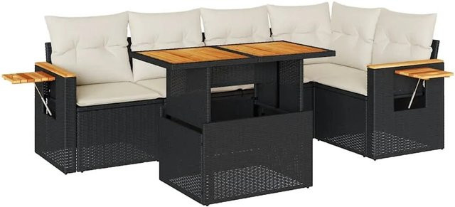 vidaXL 6-teilige Garten-Sofagarnitur in L-Form aus Poly-Rattan und Akazienholz mit Tisch und Kissen in Schwarz und Cremeweiß - Bild 1
