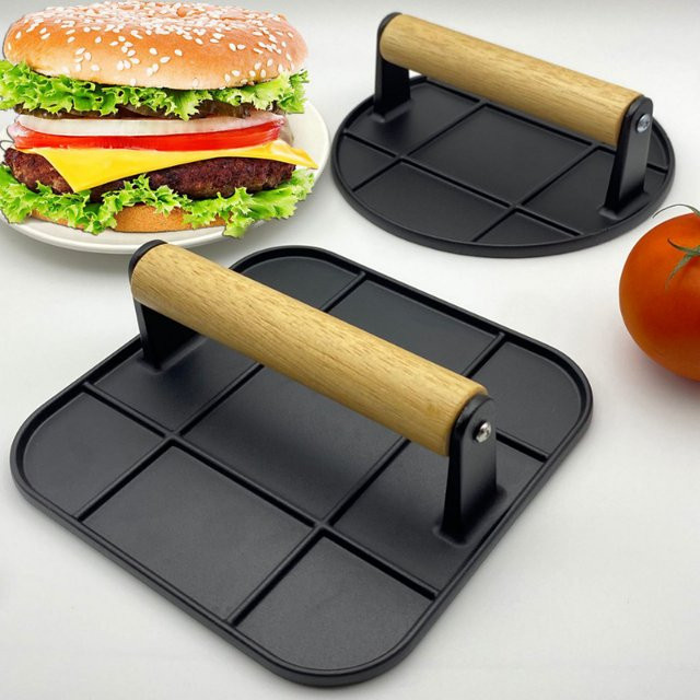 Quadratische Burgerpresse aus Aluminiumlegierung mit Holzgriff und Antihaftbeschichtung in Schwarz - Bild 1