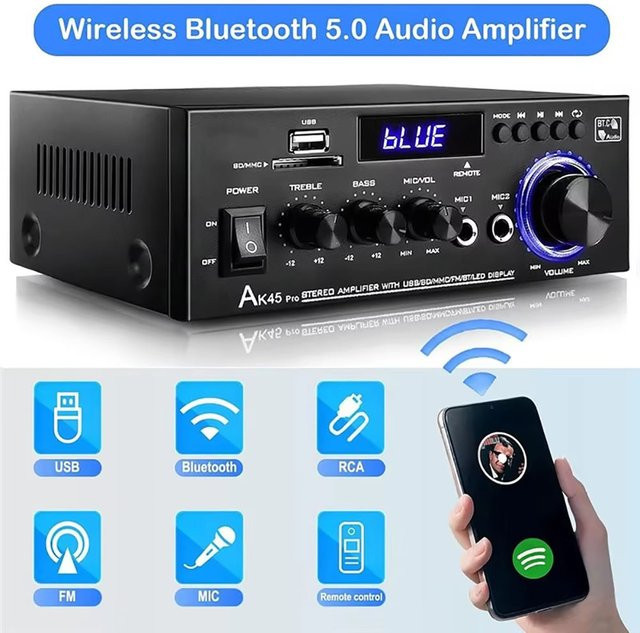 Kebidumei AK45 Digitaler 2-Kanal HIFI Bluetooth 5.0 Verstärker mit 800W, USB-A, FM und Mikrofoneingang, Schwarz - Bild 1