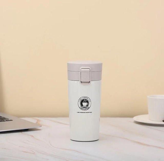 DHDH Reise-Thermobecher aus Edelstahl in Weiß, auslaufsichere Thermosflasche mit Vakuumisolierung und Ein-Knopf-Öffnung, 500 ml - Bild 1