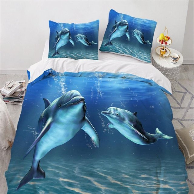 Moderne 3D Bettwäsche mit Delfin-Motiv in Blau, Set aus Bettbezug und Kissenbezug aus Mikrofaser, B/H: 140 x 210 cm - Bild 1