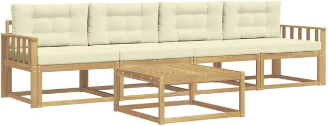 vidaXL Outdoor-Sofagarnitur aus Akazienholz mit 3-Sitzer-Sofa, Couchtisch und Kissen in Weiß und Beige - Bild 1
