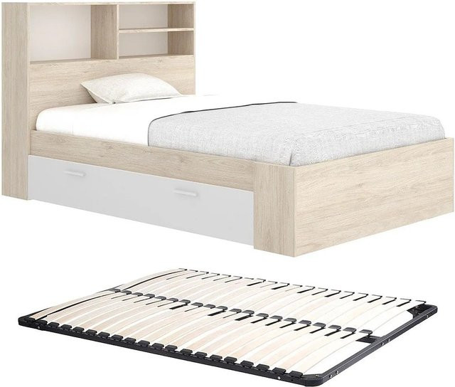 Vente-unique Bettrahmen Vardiel mit Schubladen in Weiß und Naturfarben, B/T/H: 127,4 x 217,6 x 110,0 cm - Bild 1