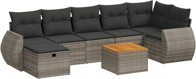 vidaXL 8-teilige Garten-Sofagarnitur in L-Form aus Poly-Rattan in Grau mit Kissen und Ottoman für Terrasse und Garten - Bild 1