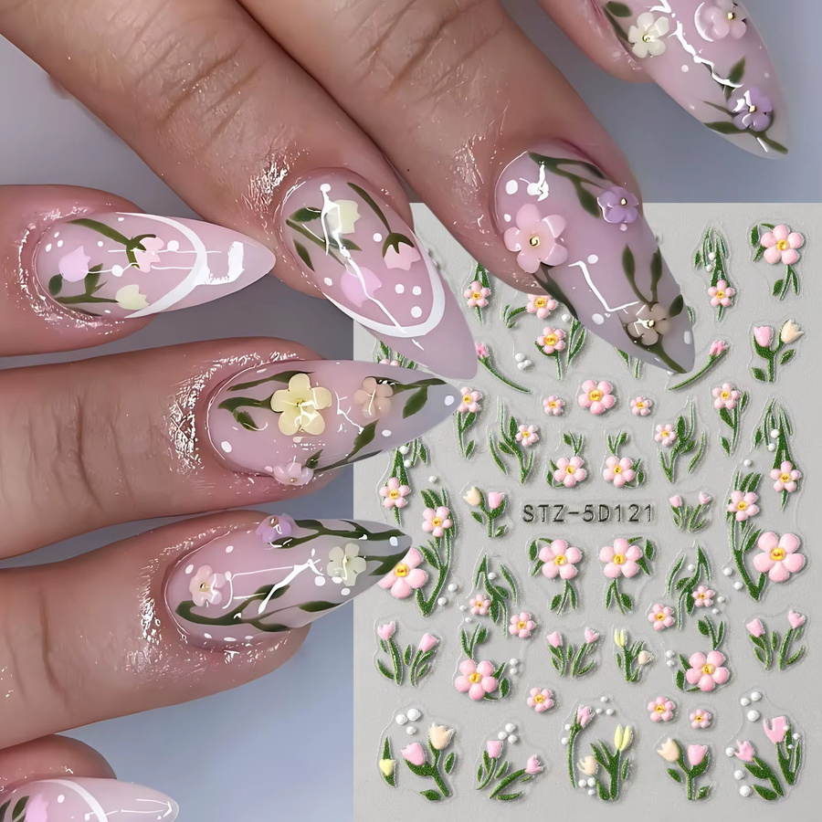 QIANJIKU Nagelkunst-Aufkleber, Rosa Blumen Grüne Ranken, Glänzend - Bild 2
