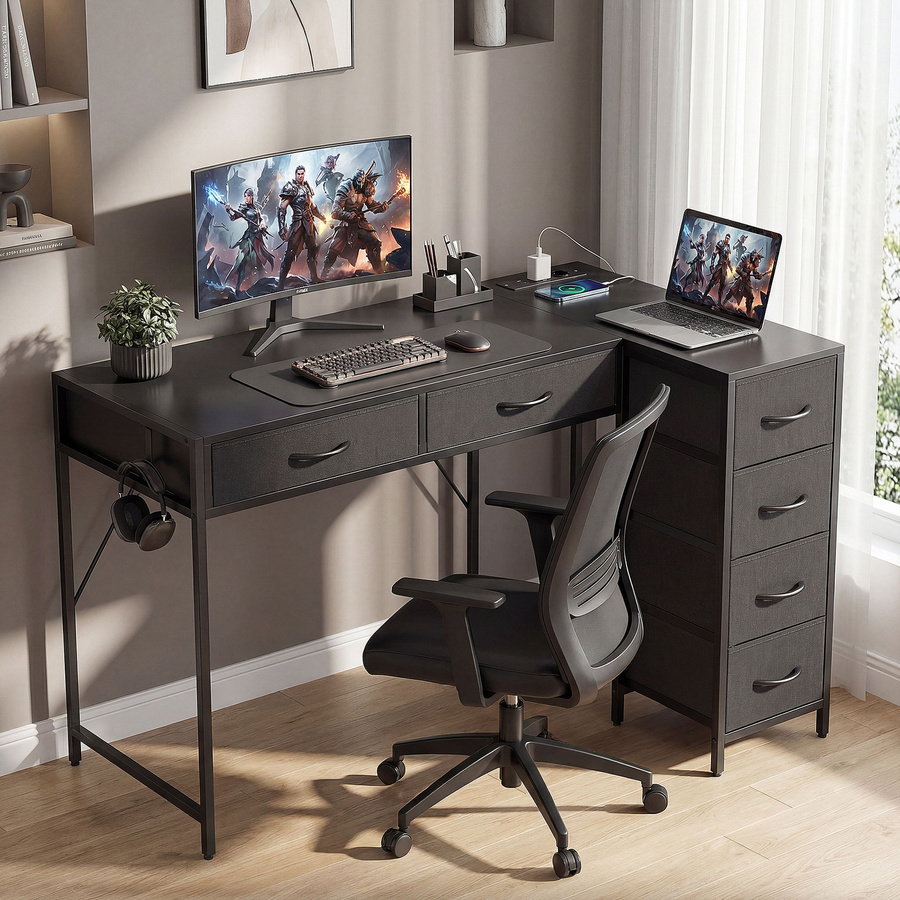 HOMCOM Wendbarer Eckschreibtisch mit Stromanschlüssen und USB-Ports, L-förmiger Schreibtisch mit 6 Stoffschubladen und Haken, Schwarz, B: 126 cm, T: 48 cm - Bild 2