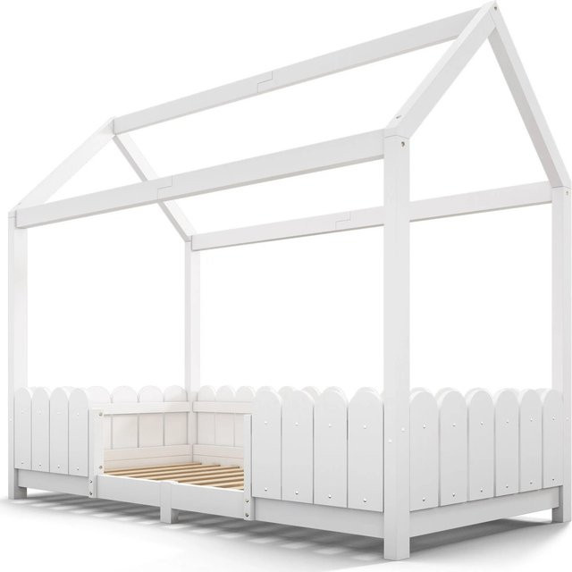 KOMHTOM Hausbett für Kinder aus Kiefernholz und MDF mit Absturzsicherung und Lattenrost, Farbe: Weiß, B/T/H: 90 x 200 x 175 cm - Bild 1