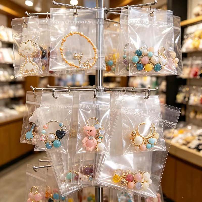 100 Stück transparente selbstklebende OPP Plastikbeutel mit Euro-Lochung für Schmuck und Handwerk - Bild 2