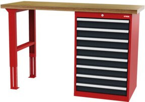 STIER Werkbank mit höhenverstellbarer Arbeitsfläche und Schrankgehäuse, Farbe: Rot/Anthrazit, B/T/H: 150 x 60 x 106 cm - Bild 1