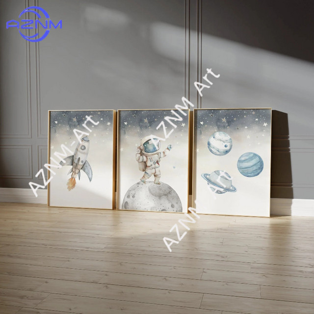 3-teiliges Set AZNM Weltraum-Wandkunst für Kinderzimmer mit Astronauten und Sternen in Aquarell-Optik, Mehrfarbig - Bild 1
