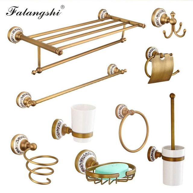 FALANGSHI Badezimmer Hardware Set aus Porzellan in Bronze, Wandmontage mit Handtuchhalter, Zahnbürstenhalter, Toilettenpapierhalter und Seifenschale, Modell WB8803 - Bild 1