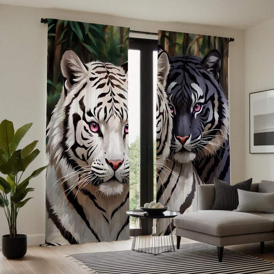 2er-Set dekorative Vorhänge mit sibirischem Tiger-Print in Weiß, halbtransparent, B: 132 cm, H: 160 cm - Bild 4