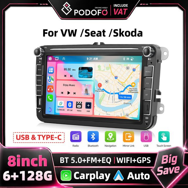 Podofo 8 Zoll 2 Din Auto-Multimedia-Player mit GPS und KI-Sprachassistent in Schwarz für Seat, VW und Skoda - Bild 1
