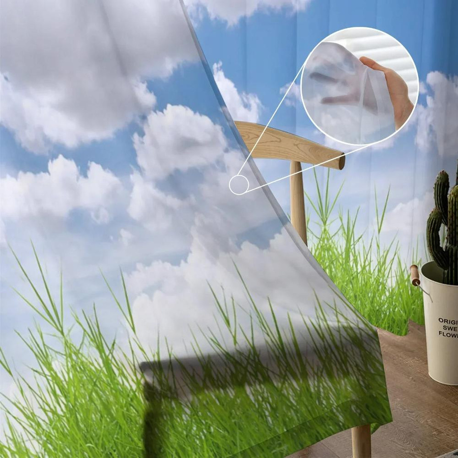 Yiran Furniture Transparent Voile-Vorhang mit Naturmotiv Blauer Himmel, weiße Wolken und Grünland aus Tüll und Organza, Farbe: Blau, Weiß, Grün, B: 135 cm, H: 115 cm - Bild 2